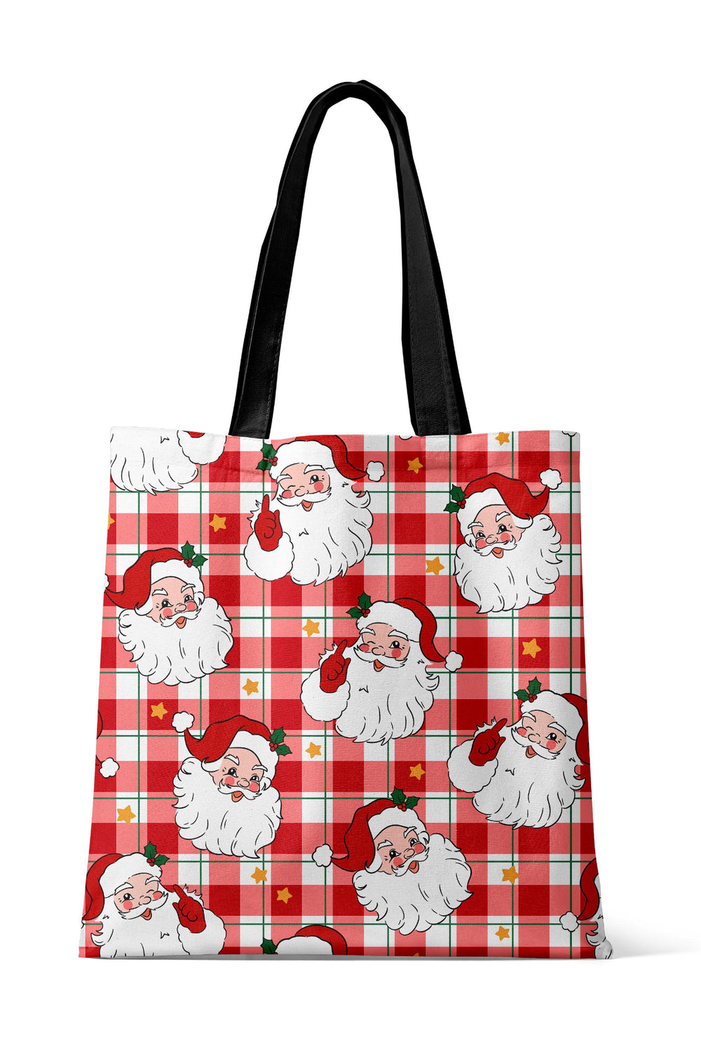 Back view of the Caden Lane Christmas tote bag in a classic red and green plaid print with durable black handles, perfect for festive holiday shopping, gift carrying, and everyday seasonal use.