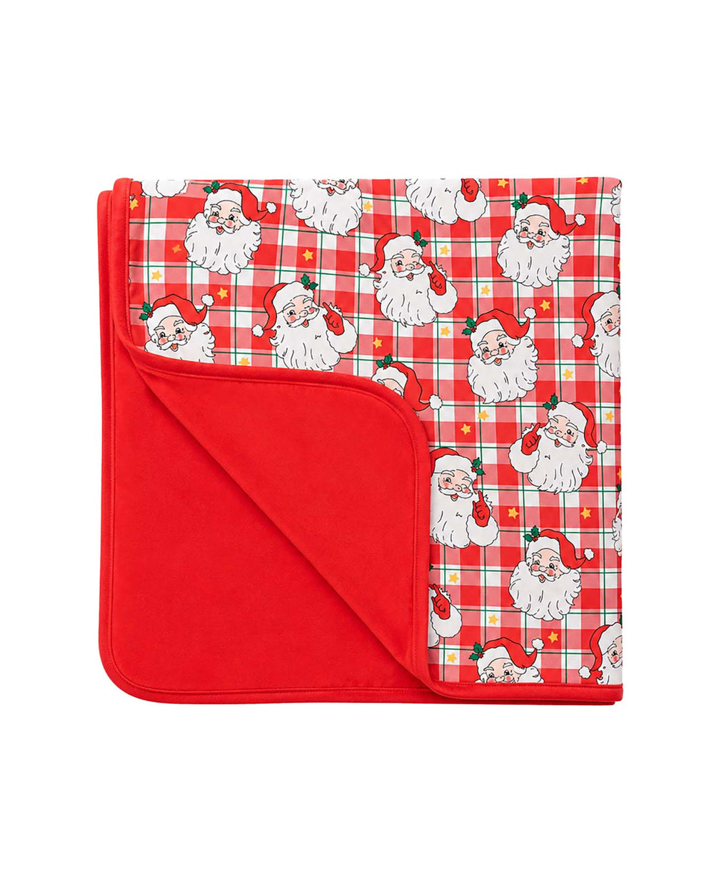 Caden Lane Cozy Claus print double-sided blanket in a half fold. 