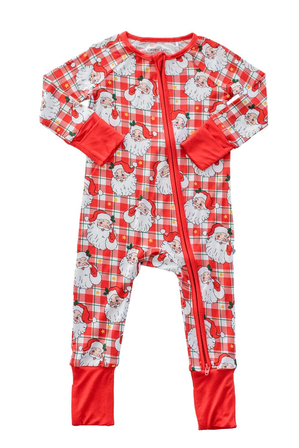 Caden Lane Cozy Claus Christmas bamboo zipper romper with vintage Santa plaid print, long sleeves, two-way zipper, and red fold-over cuffs for babies.
