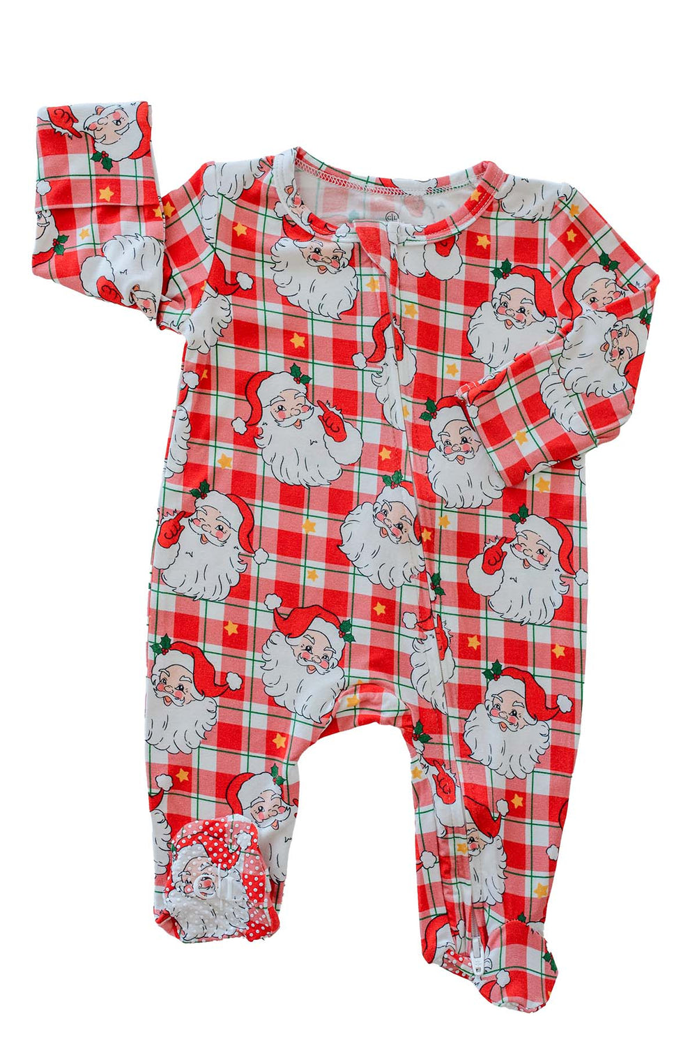 Caden Lane Cozy Claus Christmas bamboo zipper footie featuring a vintage Santa plaid print, two-way zipper, fold-over mittens, and footed design for babies.