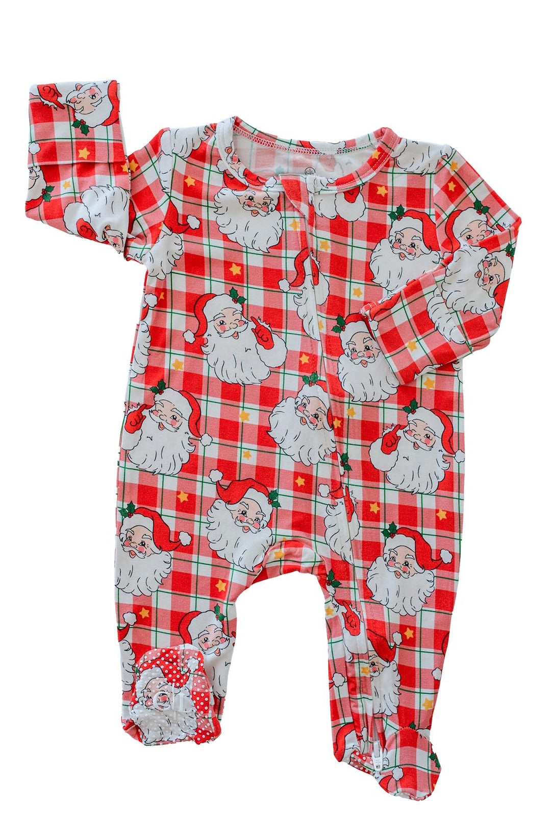 Caden Lane Cozy Claus Christmas bamboo zipper footie featuring a vintage Santa plaid print, two-way zipper, fold-over mittens, and footed design for babies.