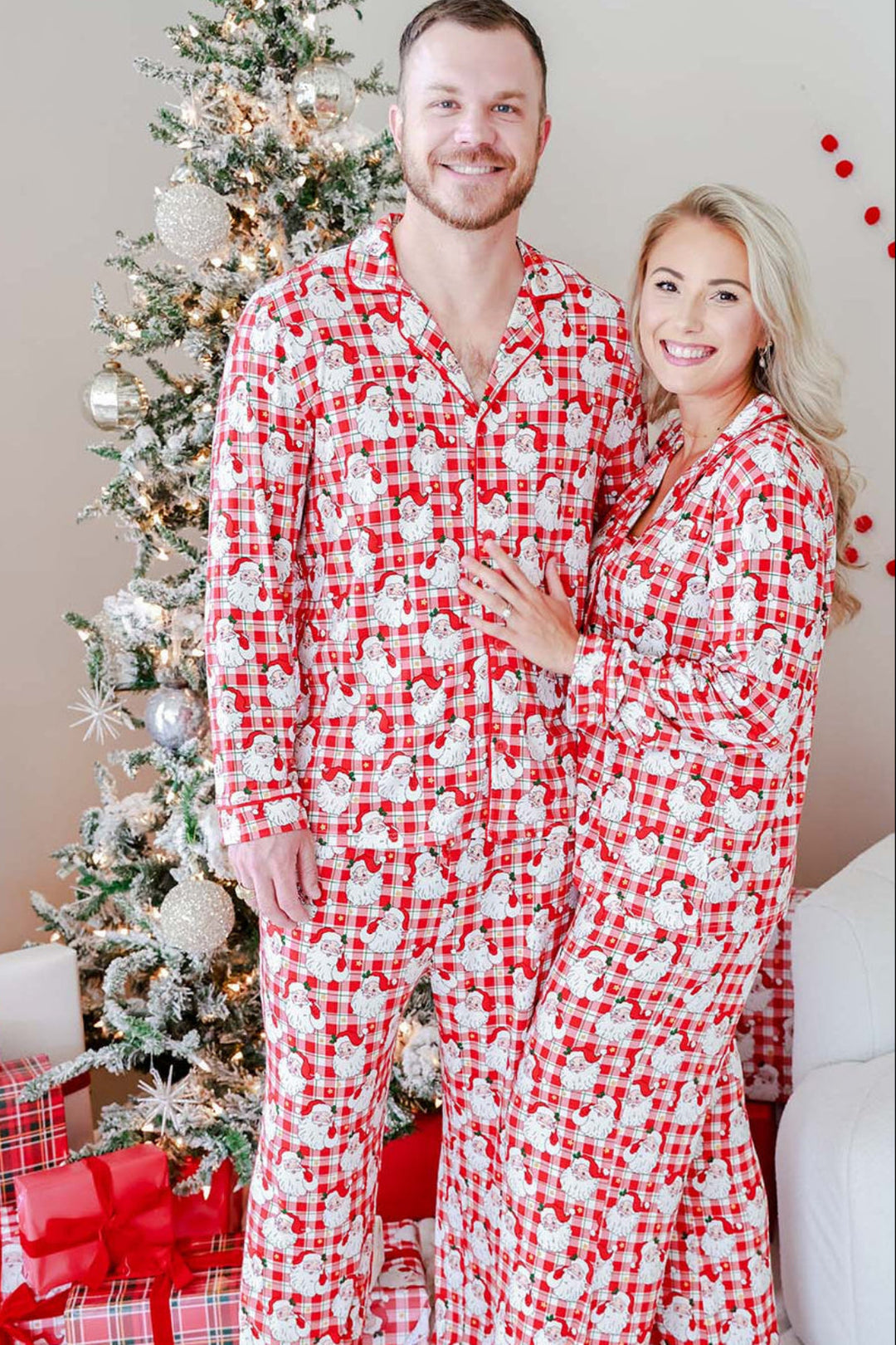 Caden Lane Cozy Claus adult Christmas button-up pajama set featuring a vintage Santa plaid print, perfect for matching family holiday pajamas and cozy Christmas mornings.