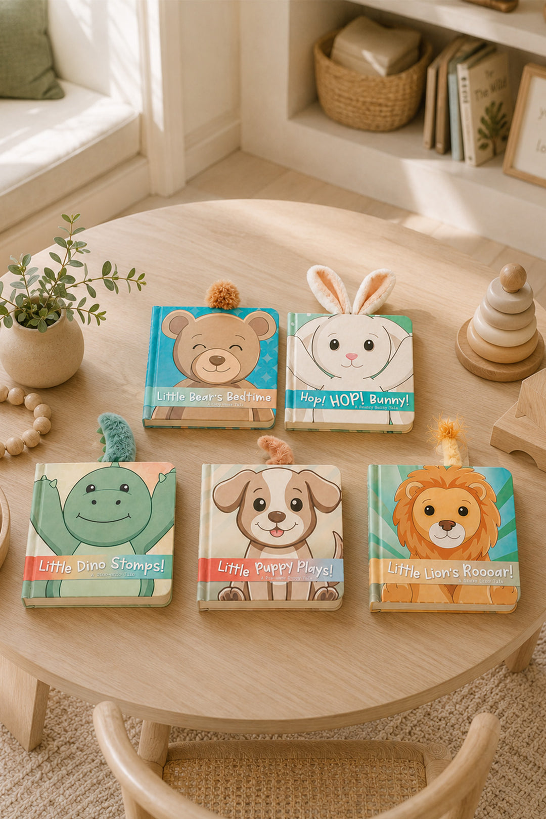 Five colorful wooden children's board books with animal illustrations are arranged on a round light wood table in a bright, sunlit nursery or playroom. The books feature cartoon animals including a bear, bunny, frog, puppy, and lion, with small pom-pom handles on top.