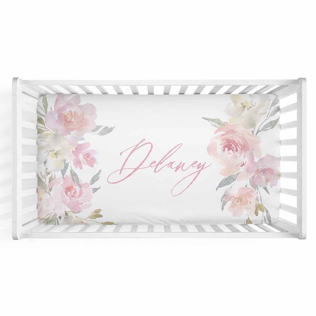 blush floral personalized crib sheet 