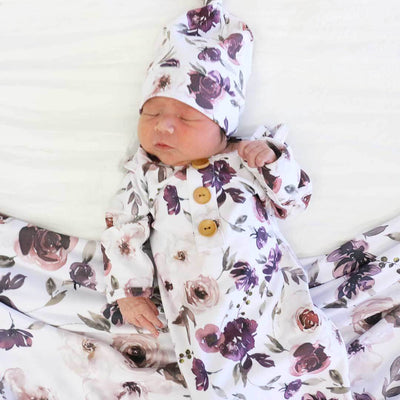baby knot gown purple flowers