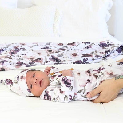 newborn knot gown with hat set dusty purple flowers