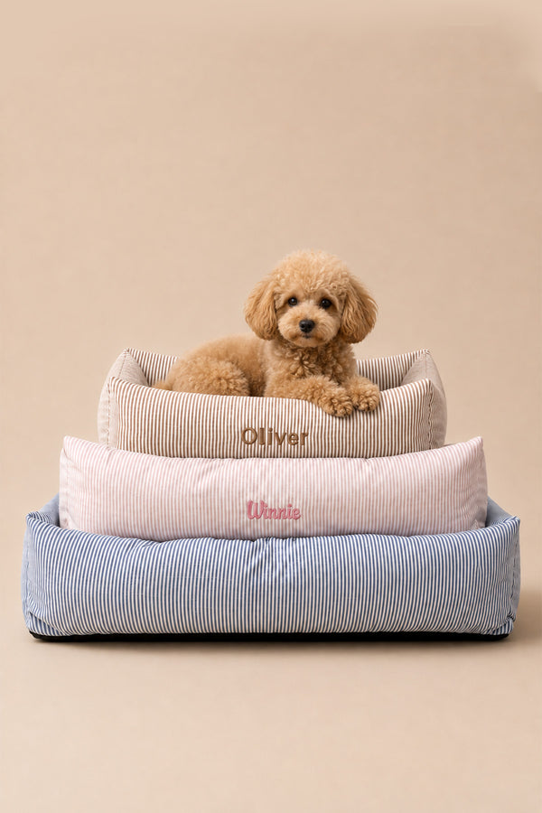 Group image of all the small, medium, and large striped Lane & Leash dog beds 