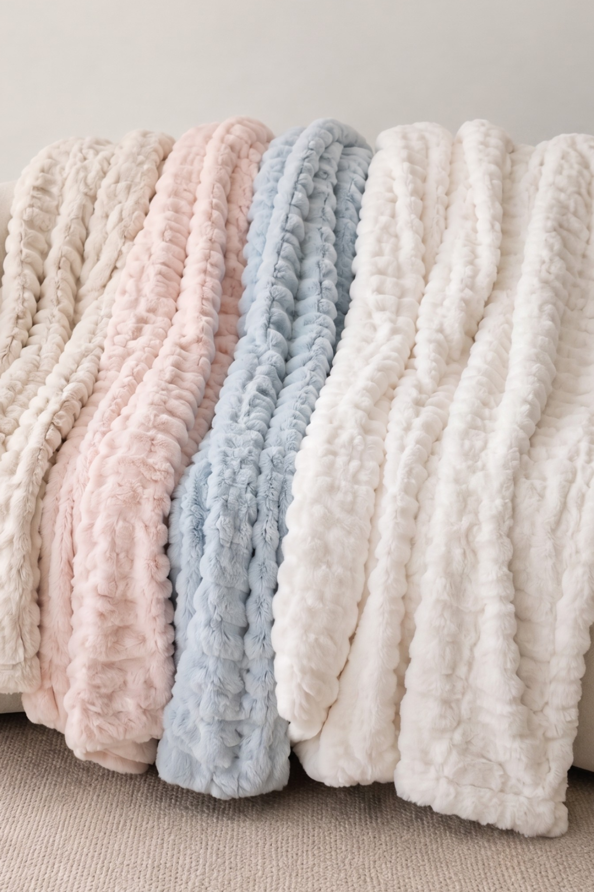 Three textured chunky knit throw blankets in cream, light pink, and light blue draped over a white curved armchair.