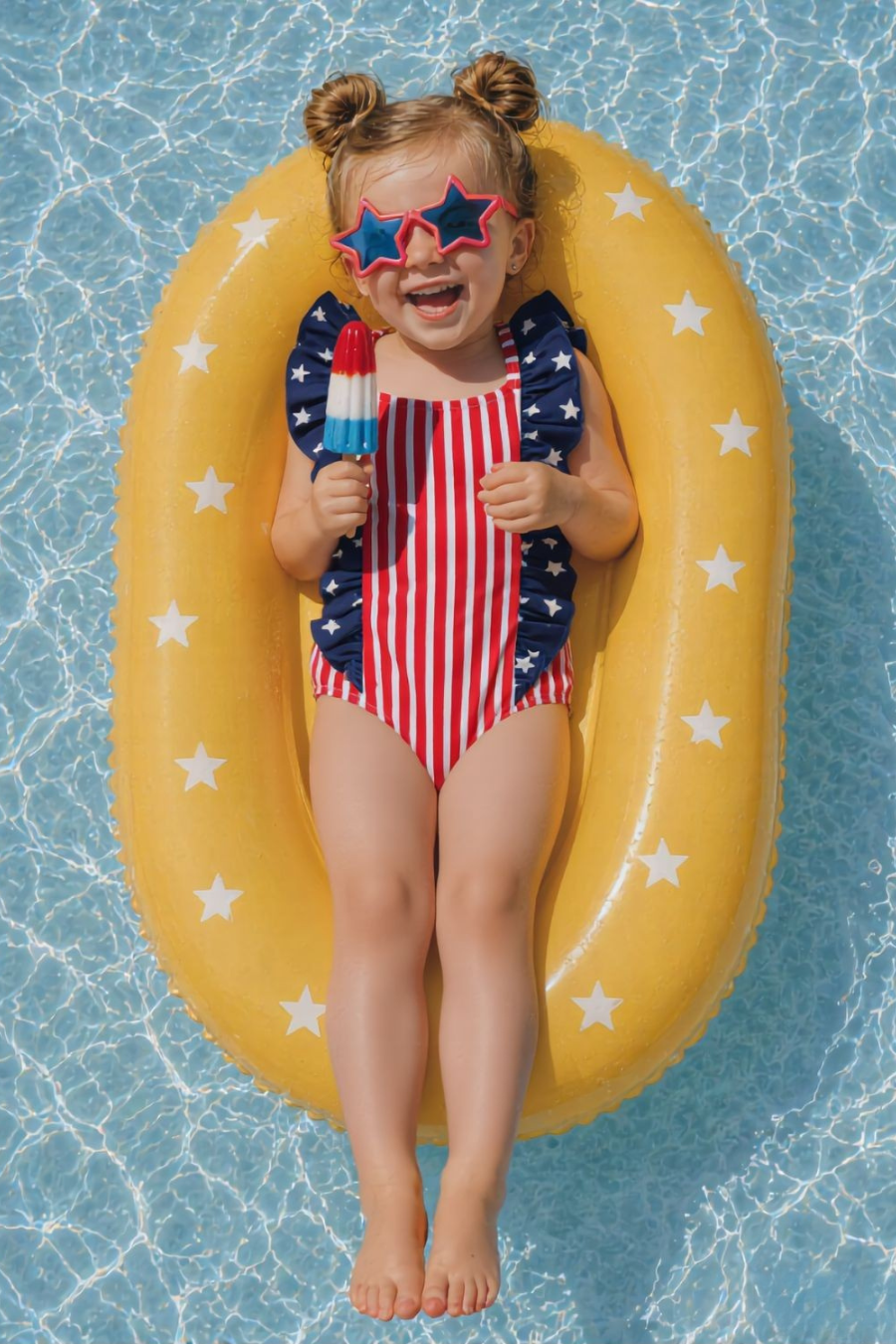 Little girl wearing the Double Ruffle Bow Back One Piece | Stars & Stripes Party and laying on a floating in the pool