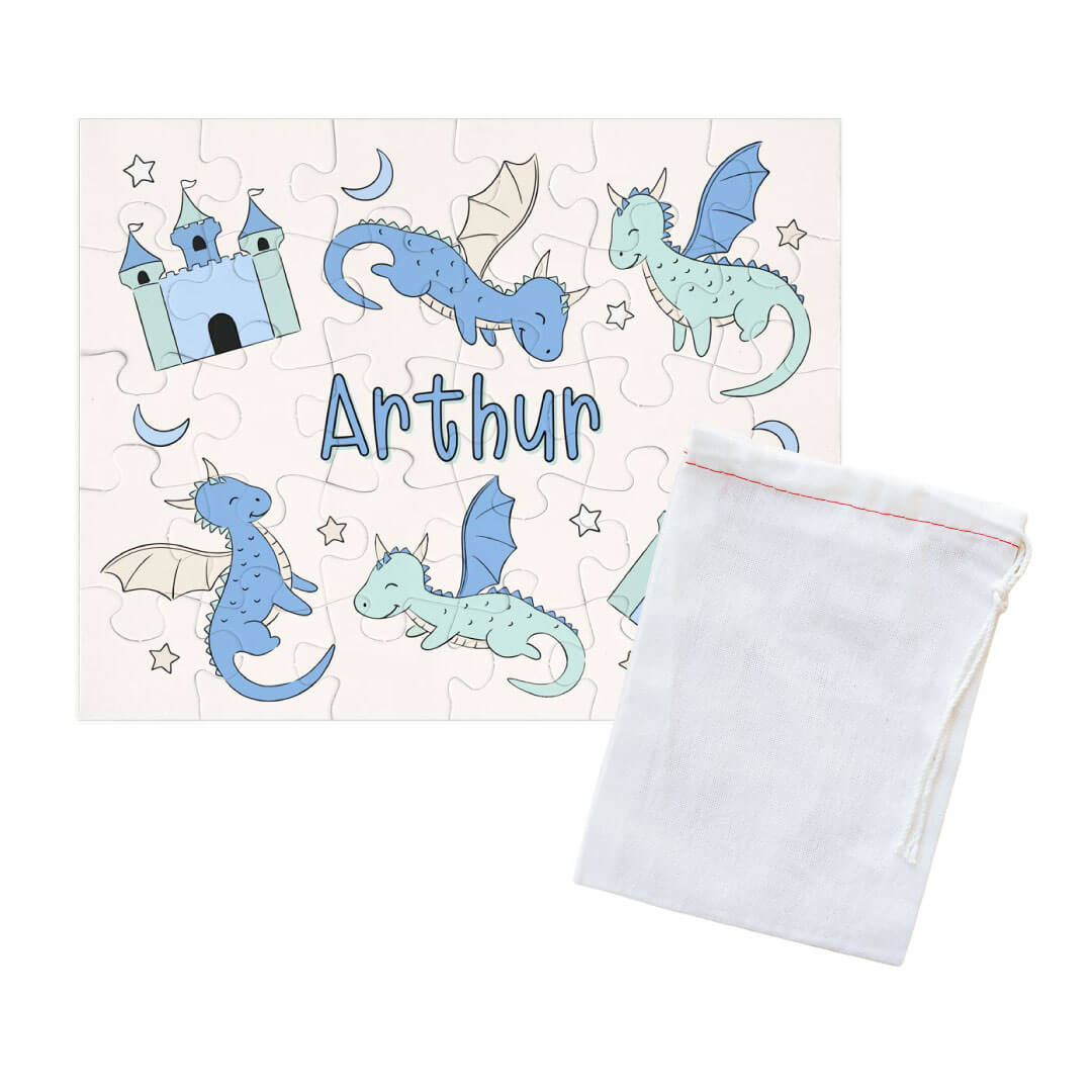 blue and green dragon and castle personalized puzzle for kids with drawstring bag