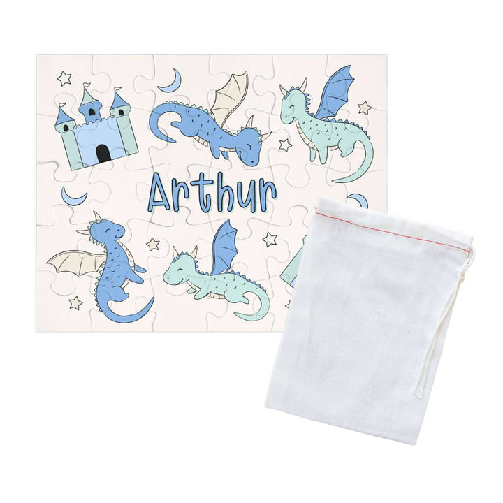 blue and green dragon and castle personalized puzzle for kids with drawstring bag