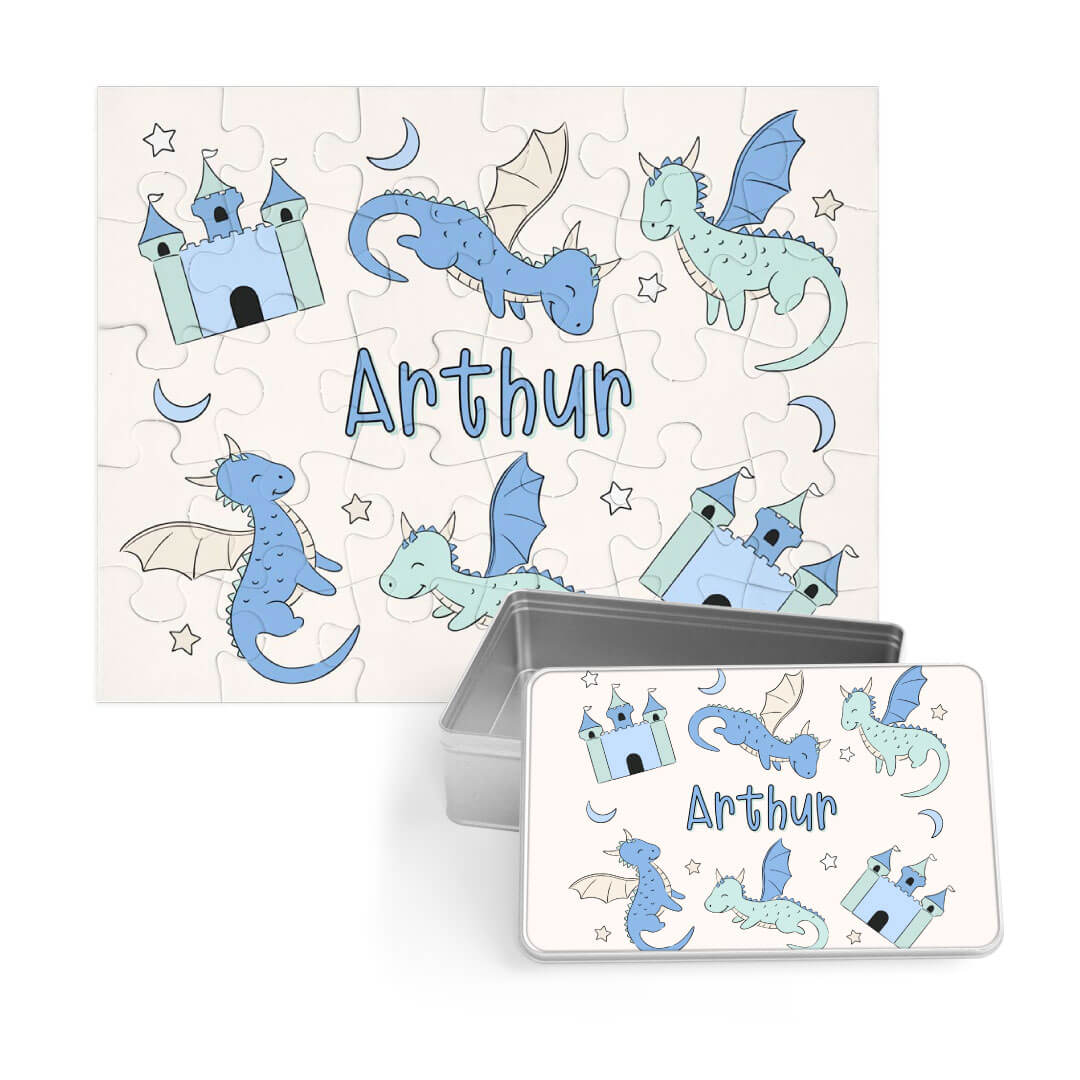 blue and green personalized kids puzzle with matching tin 