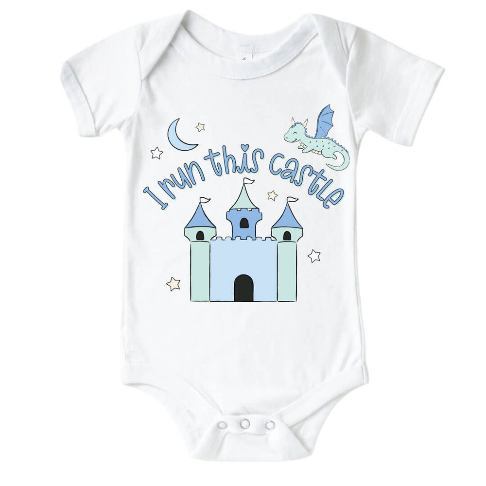 baby graphic bodysuit that says i run this castle