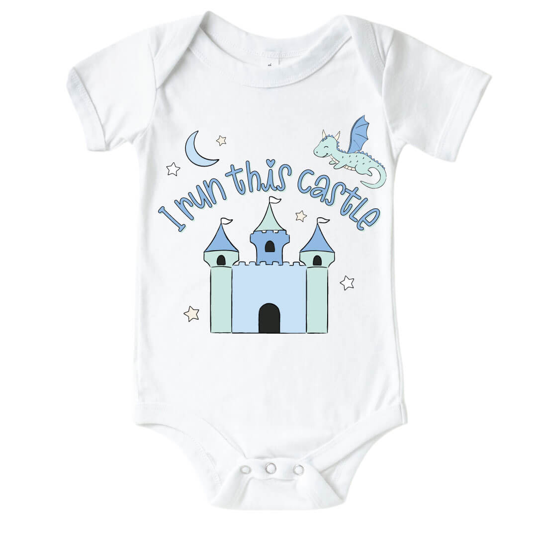baby graphic bodysuit that says i run this castle