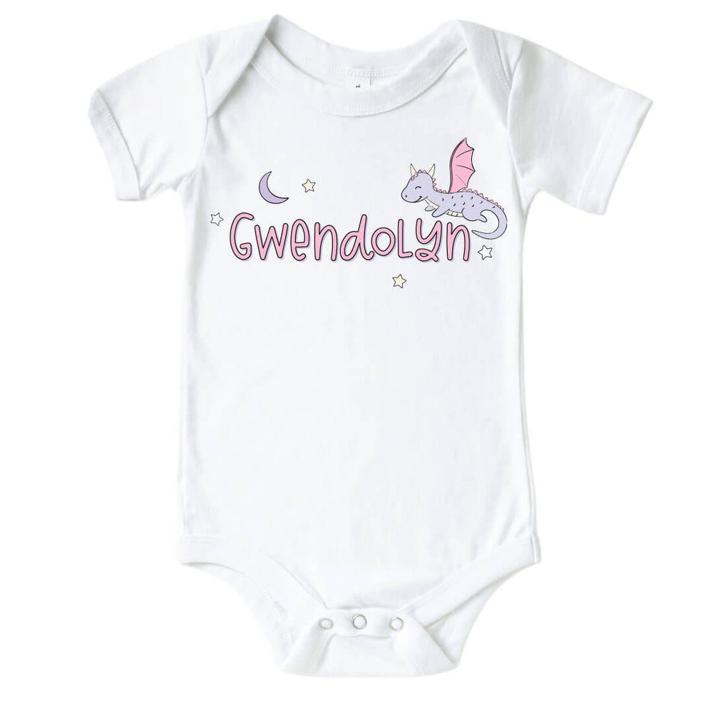 pink and purple dragon personalized graphic bodysuit for babies 
