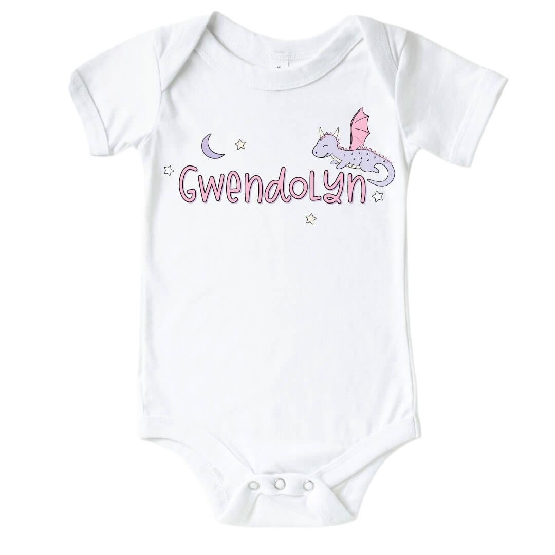 pink and purple dragon personalized graphic bodysuit for babies 