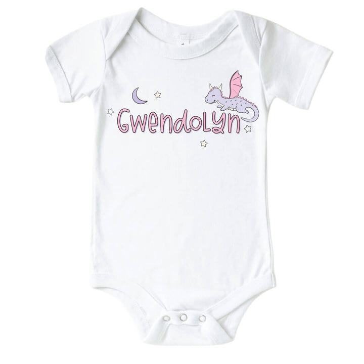 pink and purple dragon personalized graphic bodysuit for babies 