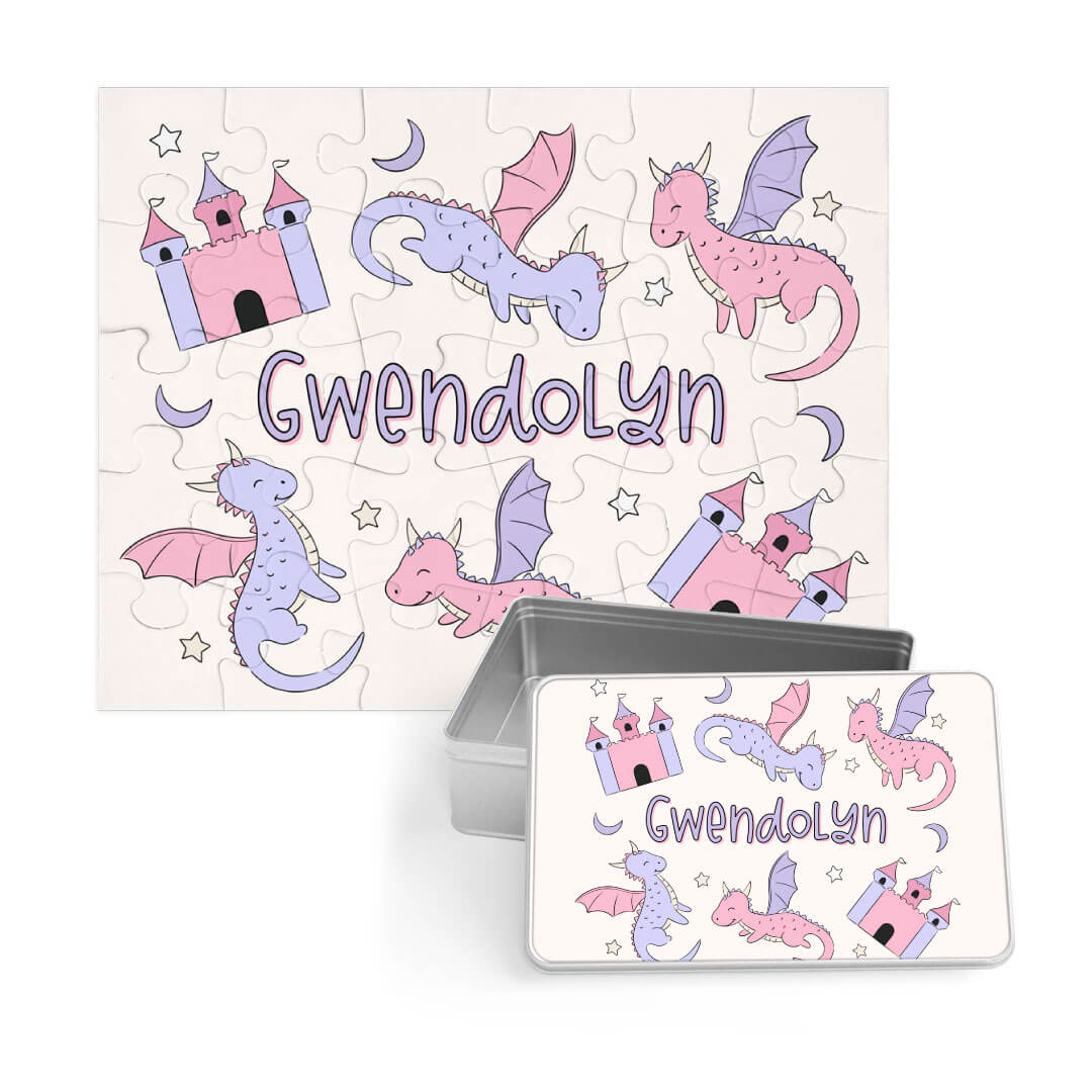 dragon adventure personalized puzzle for kids with a matching tin 