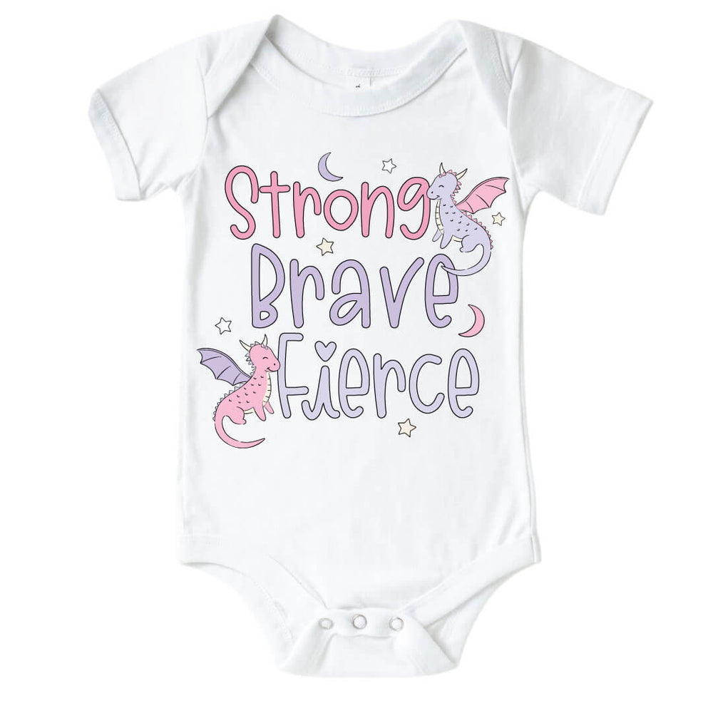 strong, brave, fierce pink and purple dragon graphic bodysuit for girls 