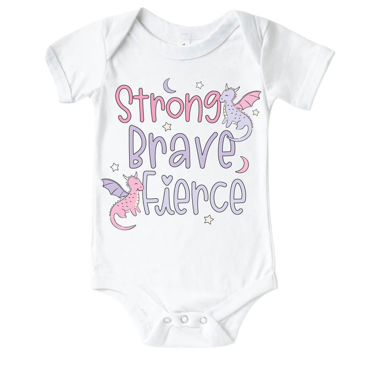 strong, brave, fierce pink and purple dragon graphic bodysuit for girls 