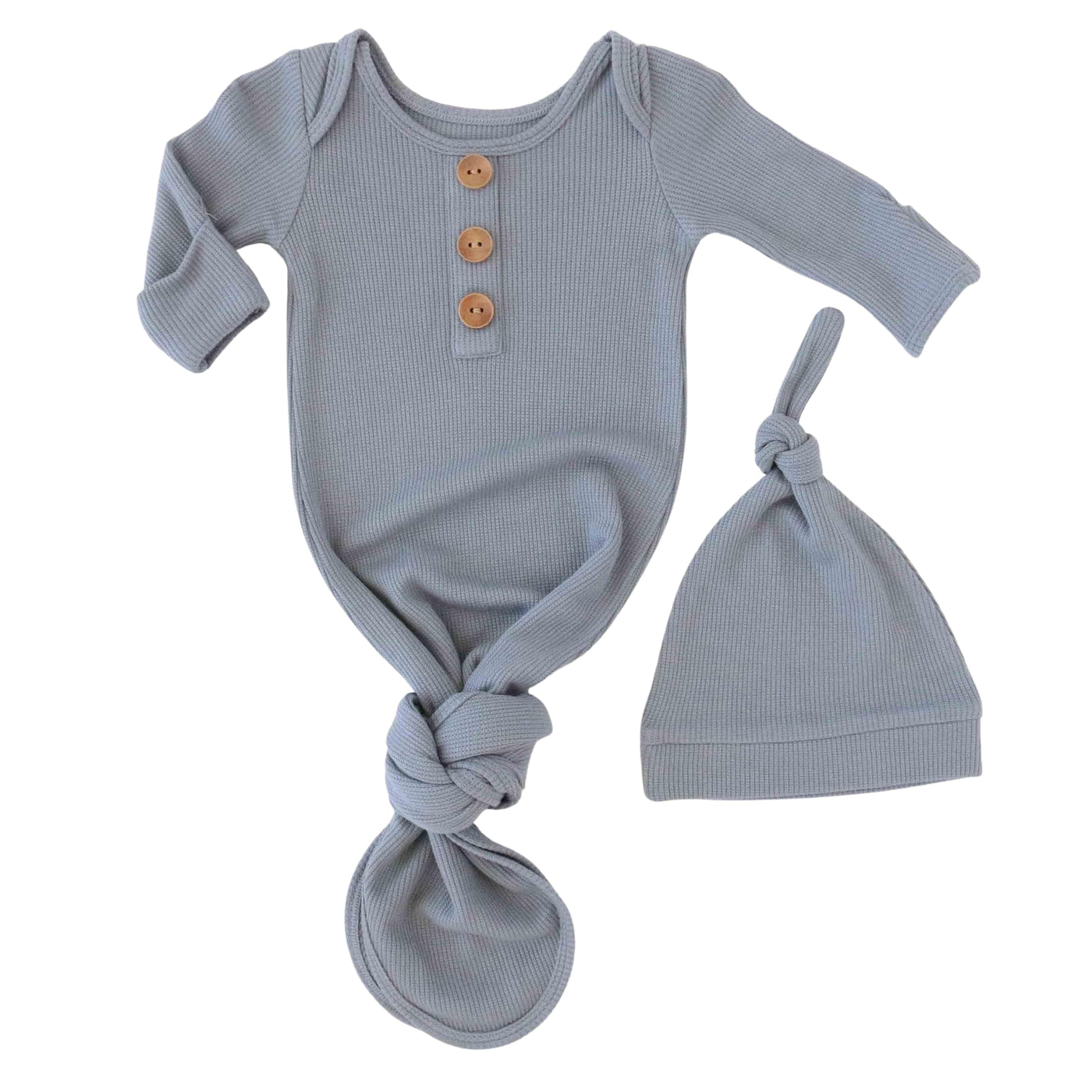 denim blue newborn knot gown and hat set 