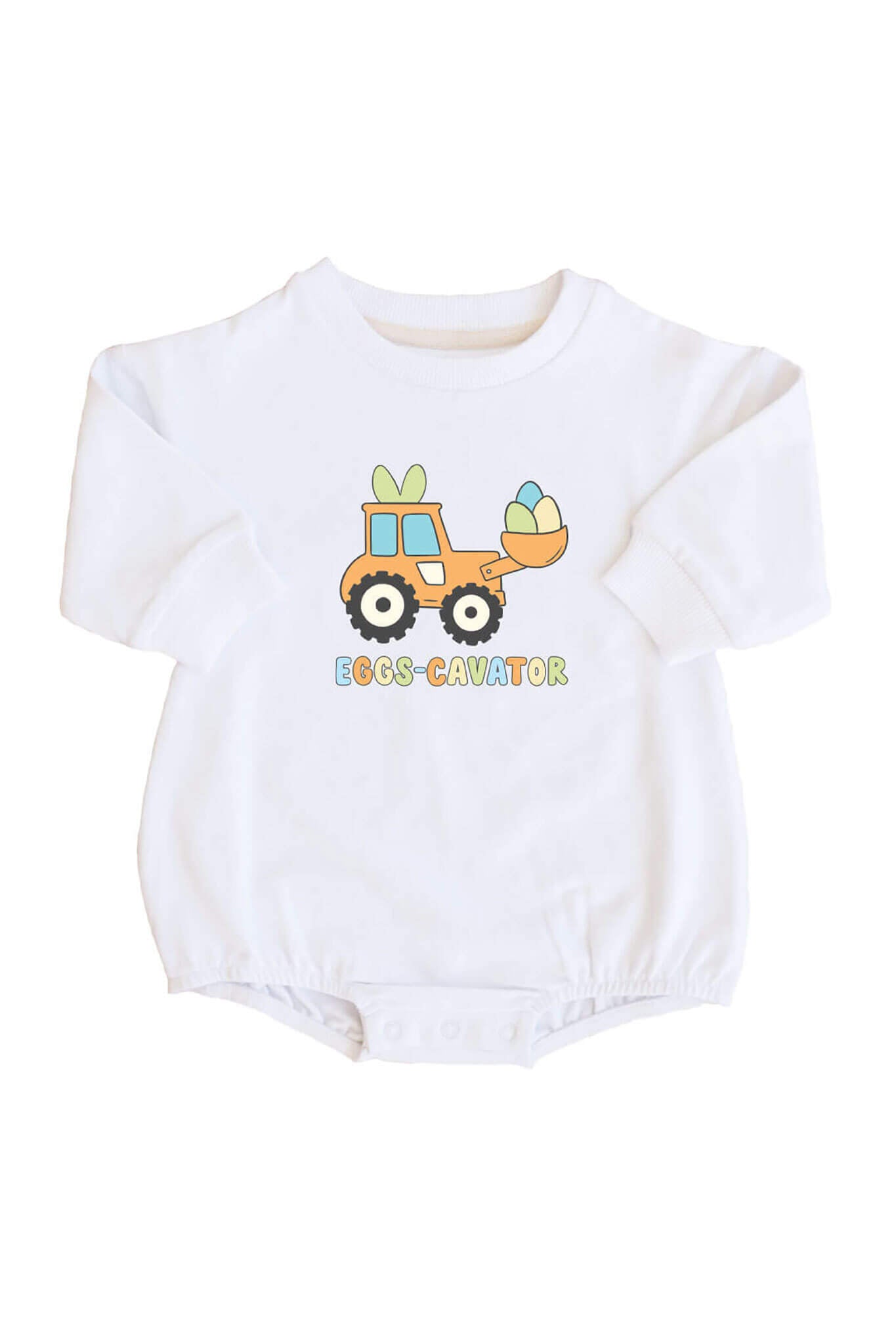 Eggs-cavator Sweatshirt Bubble Romper | White