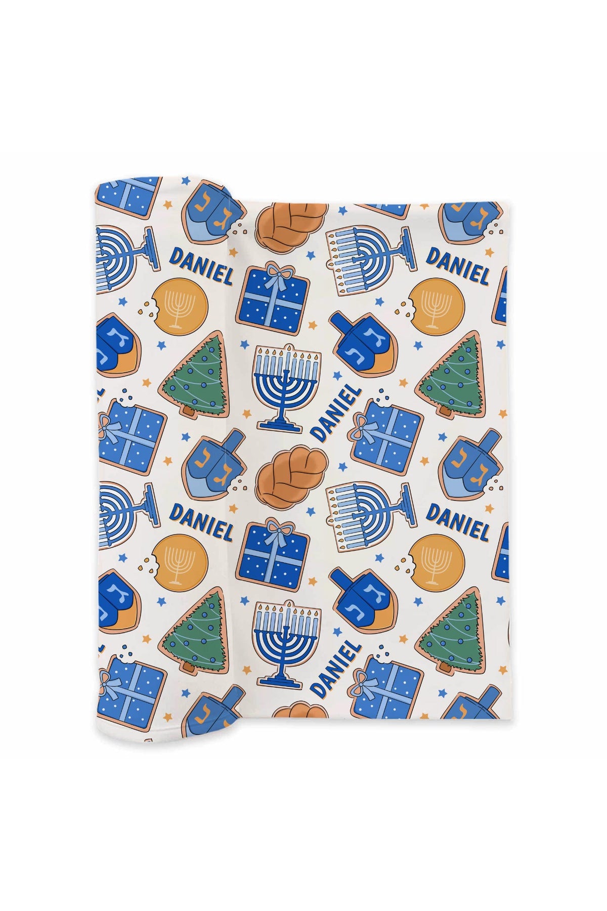 Caden Lane Eight Sweet Nights personalized swaddle blanket folded and unrolled, featuring Hanukkah and holiday icons with custom name