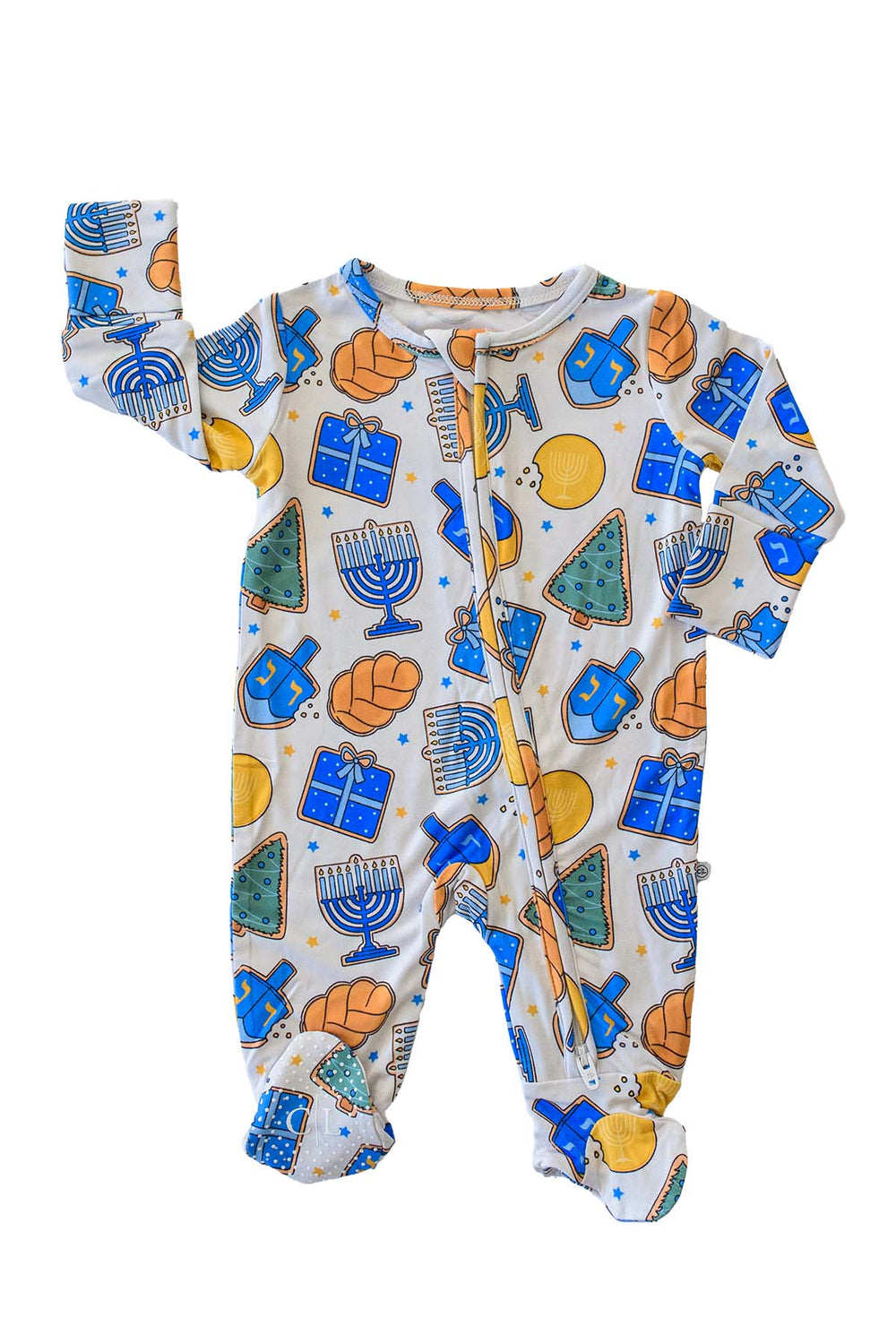 Caden Lane Hanukkah baby footie pajamas featuring a zip front and festive menorah, dreidel, gift, challah, and gelt pattern.
