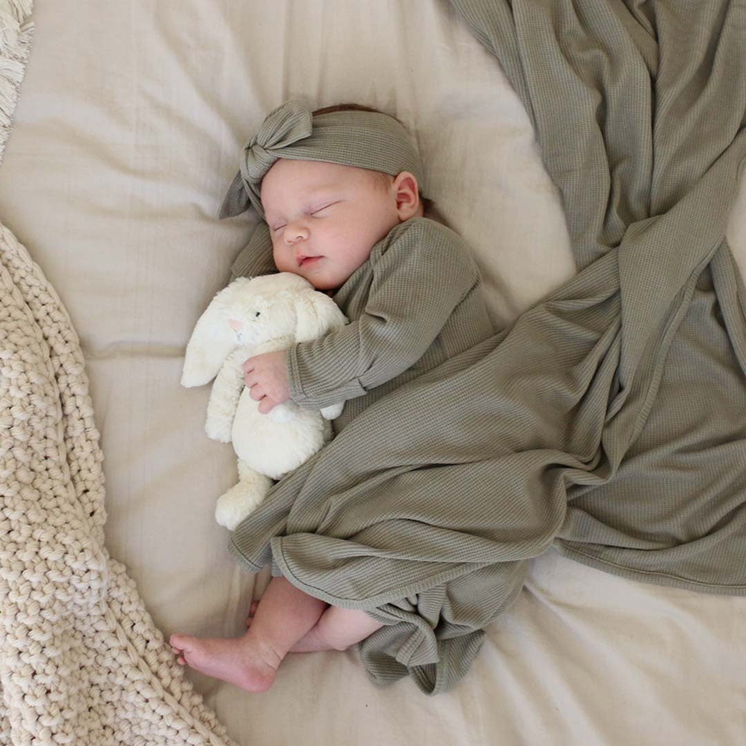 baby wearing the eucalyptus headwrap