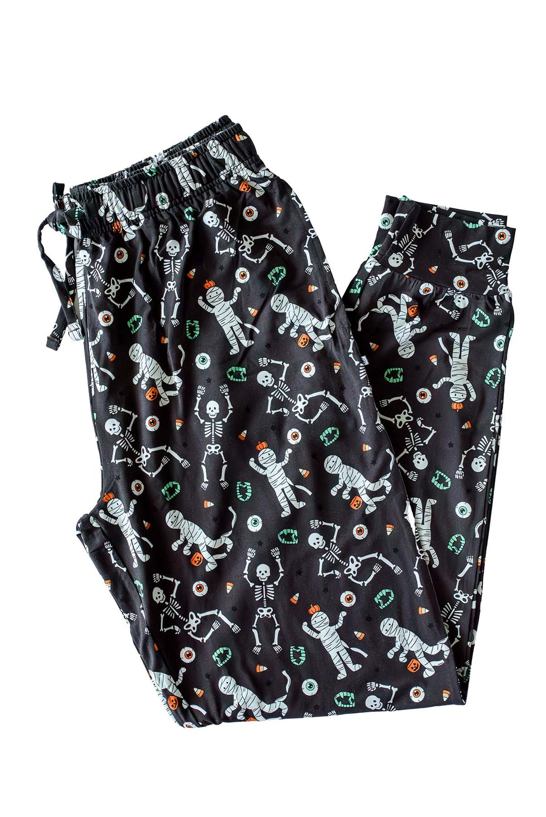 Adult Caden Lane black Halloween pajama pants with white skeleton, mummy, and candy corn print