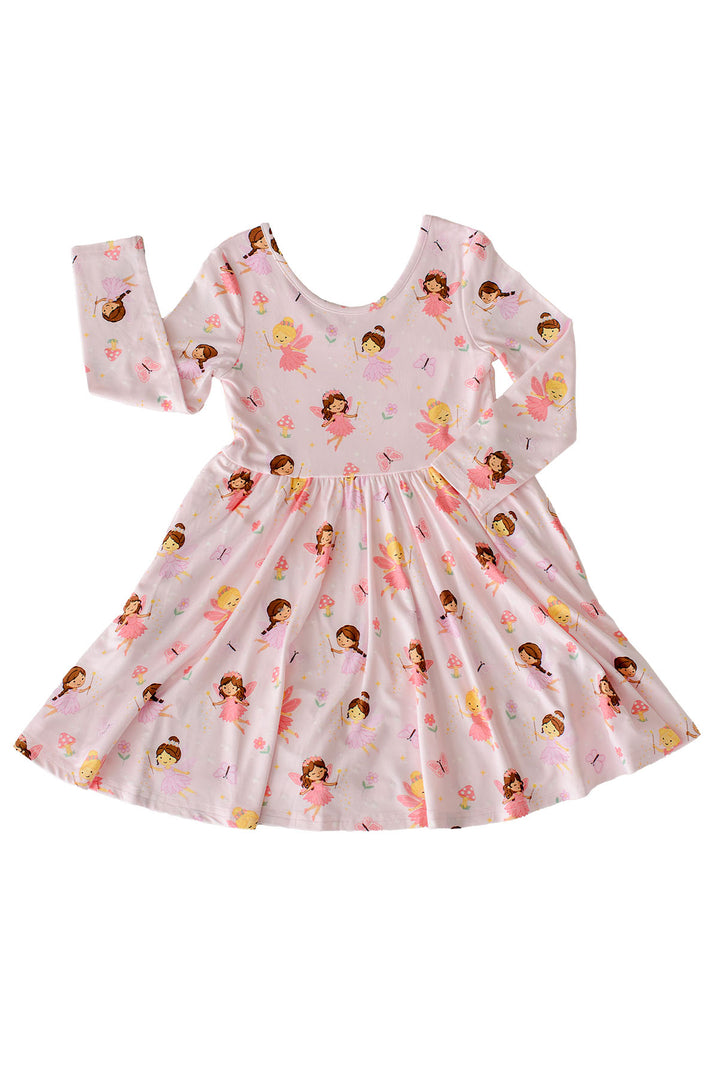 Flat lay of the Fairy Wishes long sleeve twirl dress with sleeve folded, light pink fairy and butterfly print