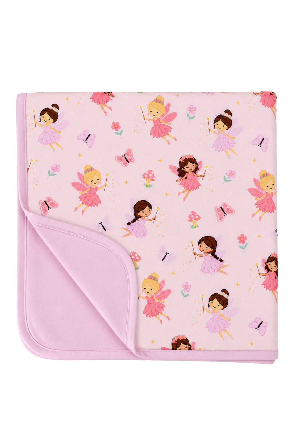 Folded Fairy Wishes glow-in-the-dark double-sided bamboo blanket with fairy print on one side and solid pink on the reverse