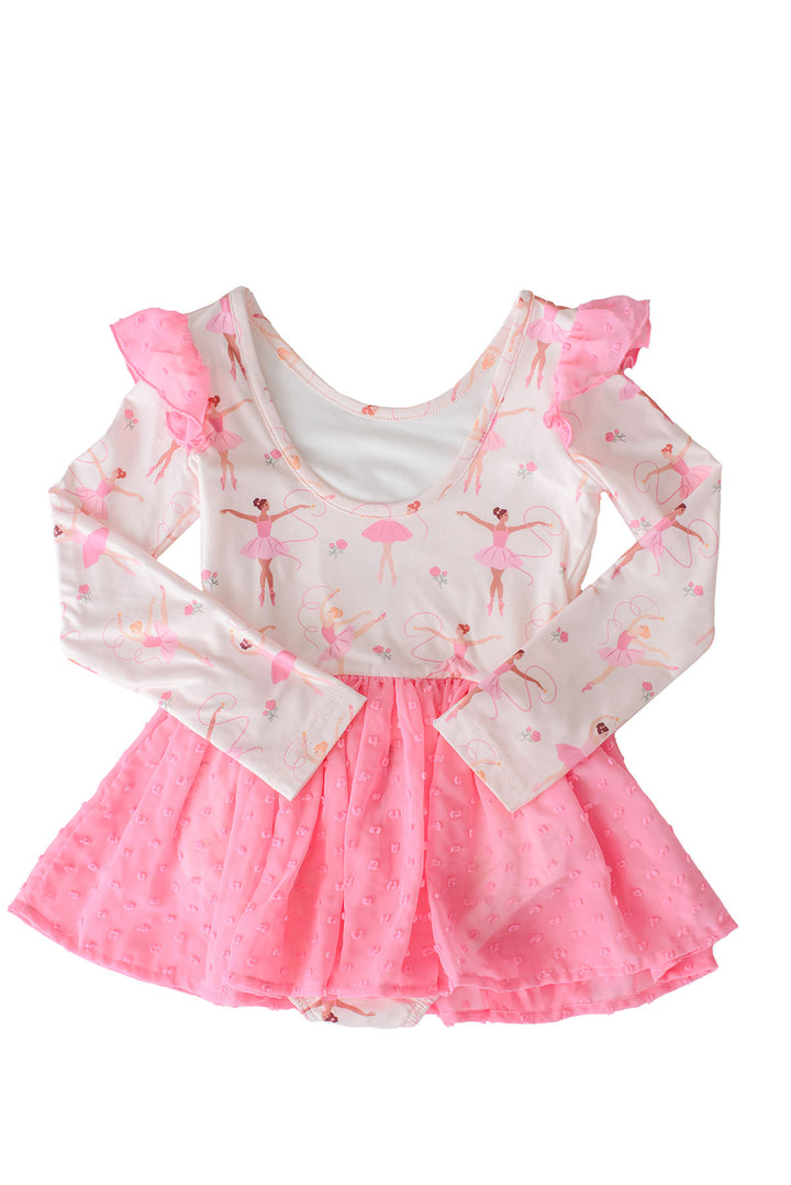 Back view flat lay of a Caden Lane scoop-back leotard in a ballerina print with pink swiss dot flutter sleeves and a swiss dot mesh skirt.