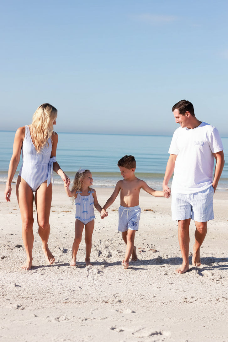 blue seersucker family matching swimsuits 