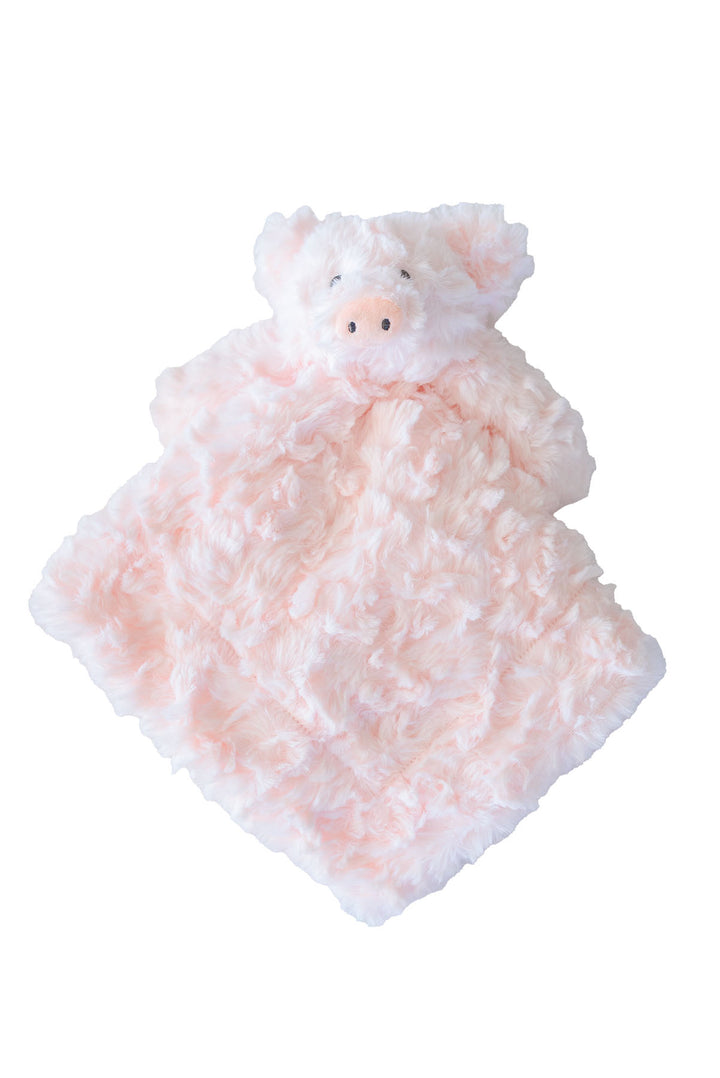 Caden Lane Farm Friends pig lovey in blush pink swirl plush with an embroidered snout, shown flat on white