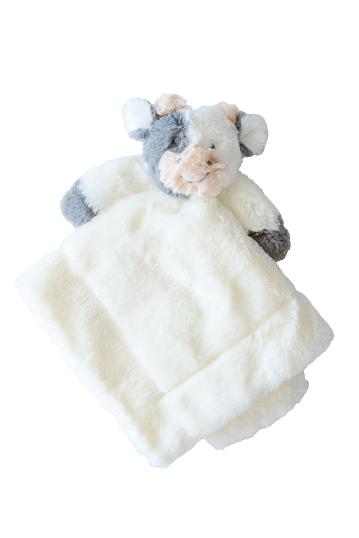 Caden Lane Farm Friends cow lovey in cream plush with grey patches and a tan muzzle, shown flat on white