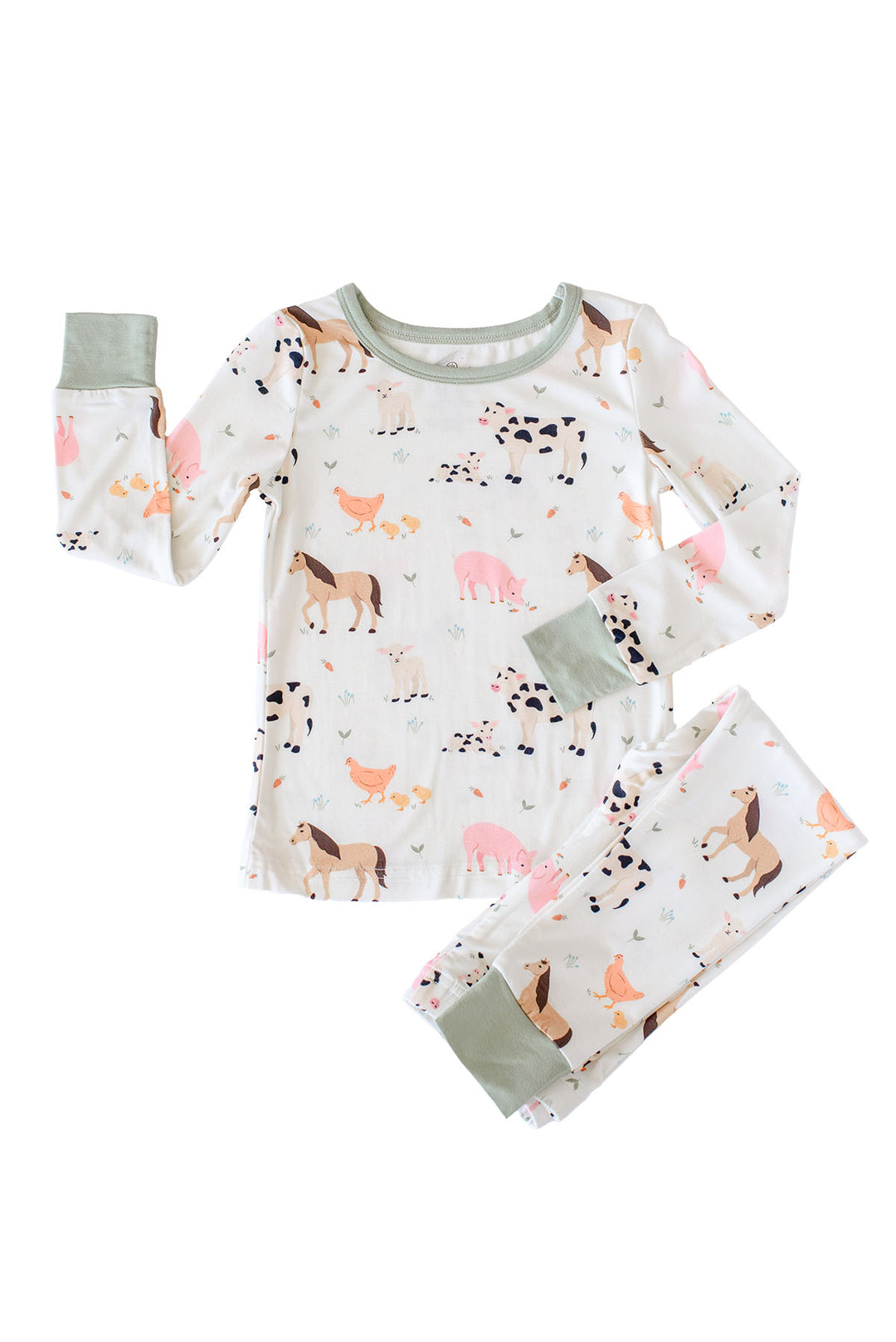 A Caden Lanetwo-piece children's pajama set featuring a long-sleeve top and matching pants. The pajamas have an off-white background with a colorful print of farm animals including horses, cows, pigs, and foxes.