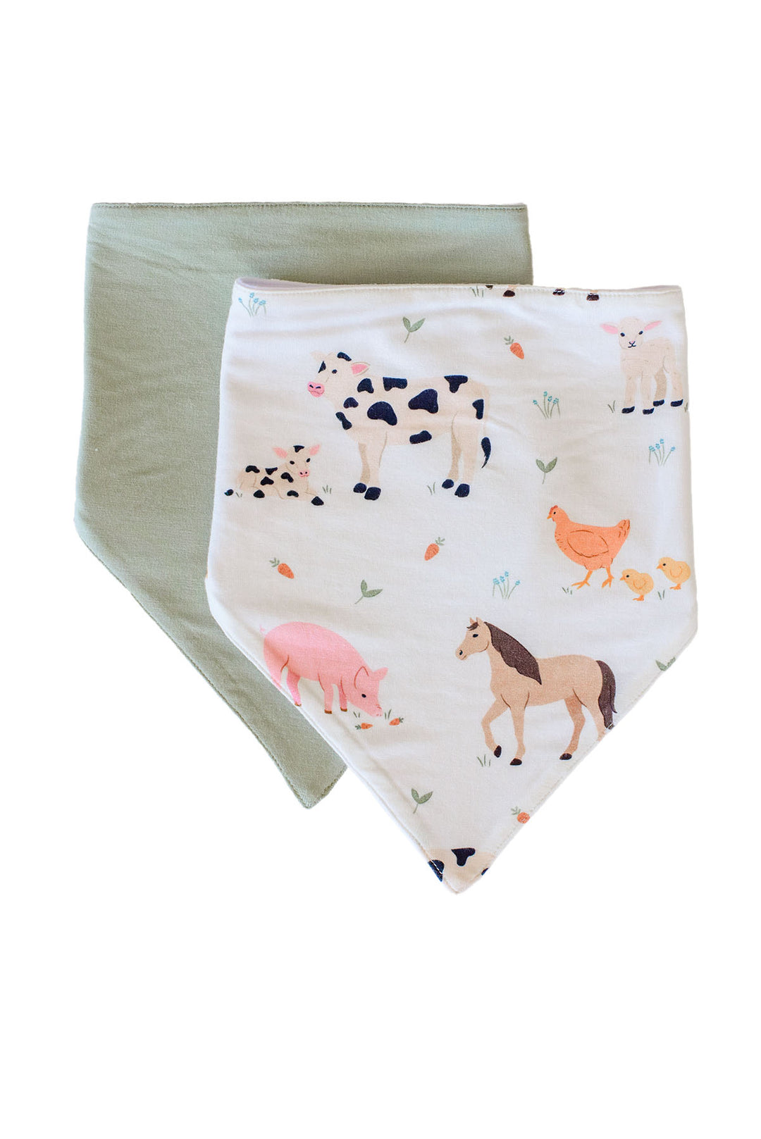 Two Caden Lane baby bandana bibs, one in sage green and one in white with a colorful farm animal print, displayed on a clean white background.