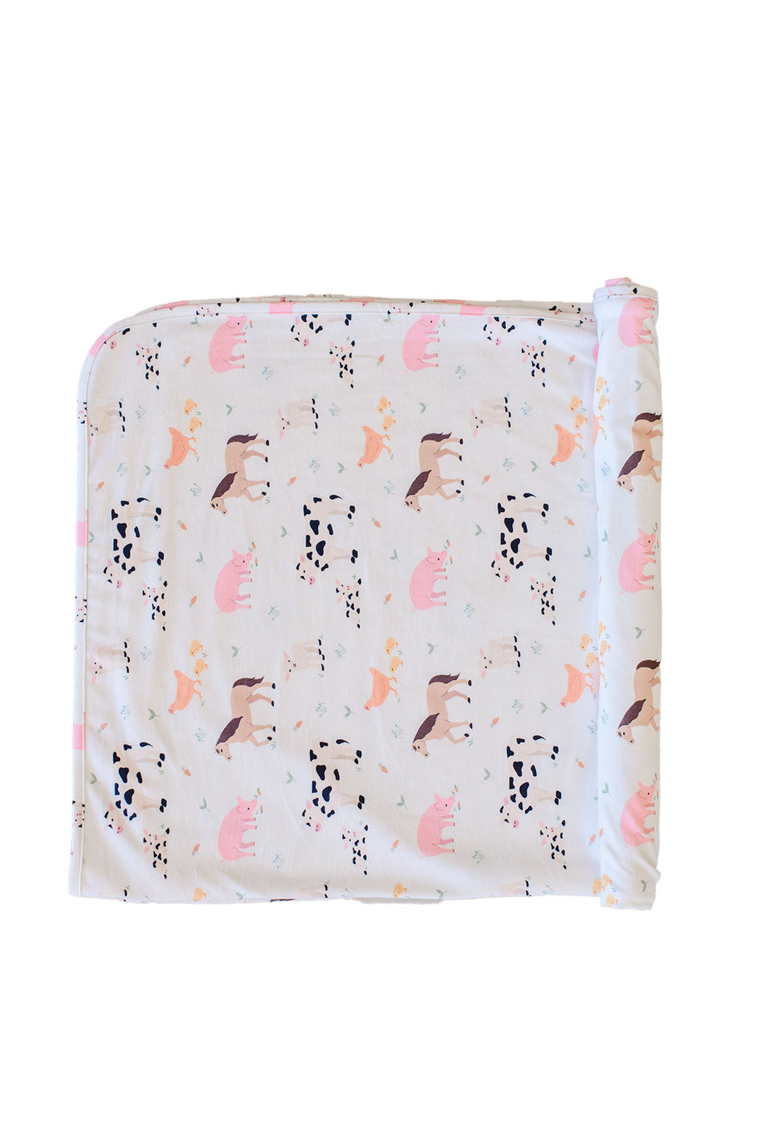 Caden Lane farm animal swaddle blanket folded flat with pink trim, featuring cow, horse, pig, and chicken print