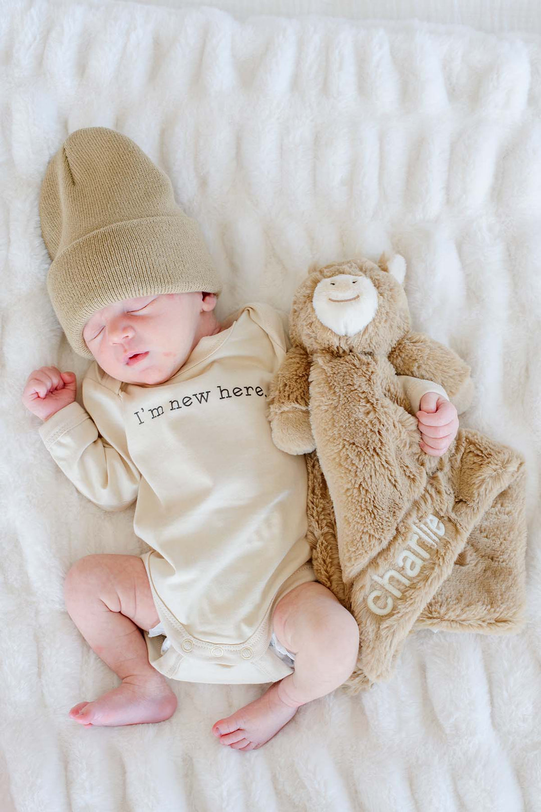 Sleeping newborn beside a Caden Lane horse lovey personalized with "charlie" in cream embroidery