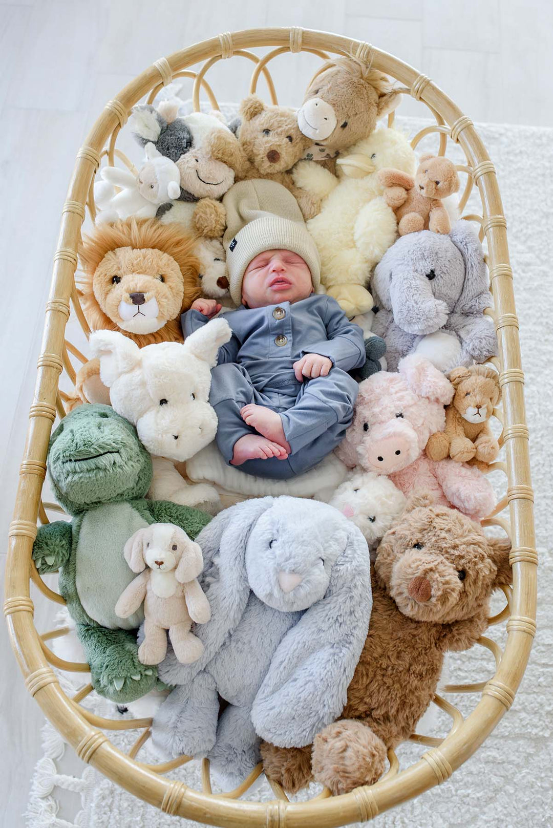 Newborn asleep in a rattan basket surrounded by Caden Lane plush animals, including a horse, lion, pig and elephant
