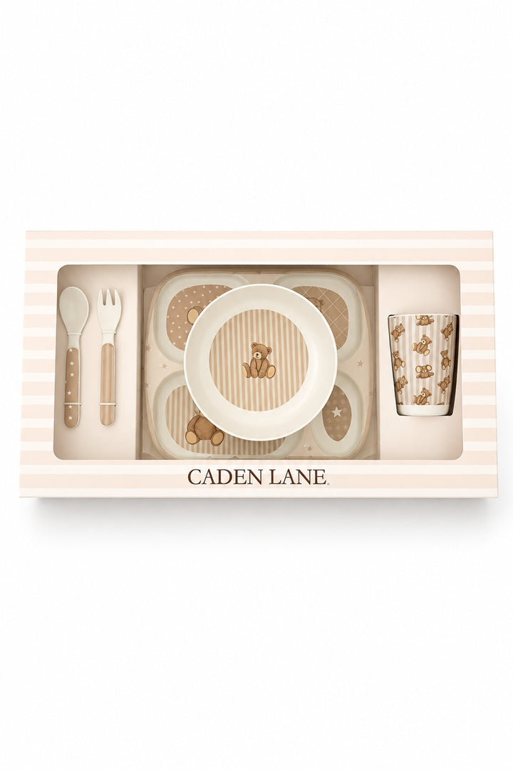 Caden Lane Beary Sweet feeding set in a striped gift box: divided plate, bowl, cup, fork and spoon with teddy bears