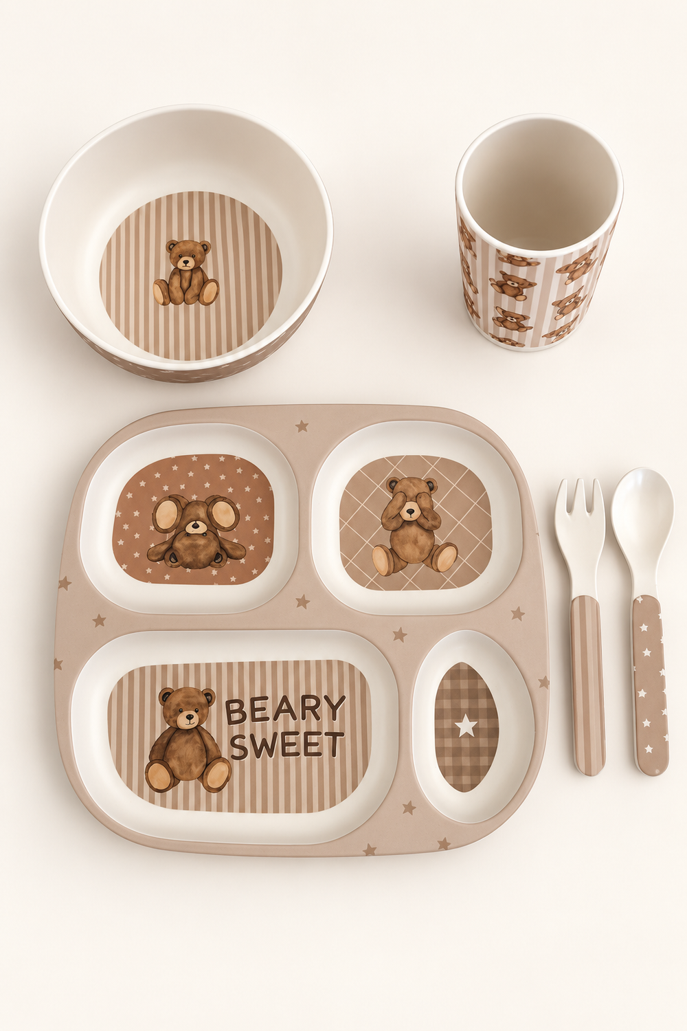 Caden Lane Beary Sweet 5-piece feeding set: teddy bear divided plate, bowl, cup, fork and spoon in soft taupe