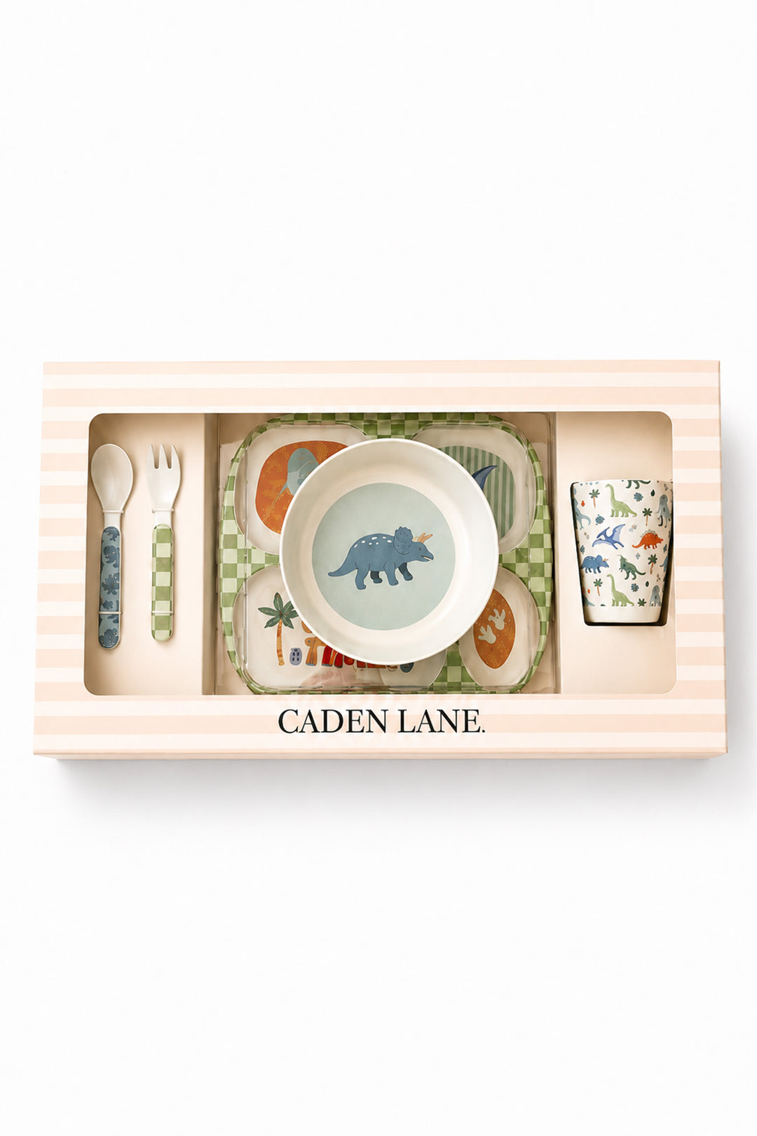 Caden Lane Chomp Time feeding set in a striped gift box: dinosaur divided plate, bowl, cup, fork and spoon
