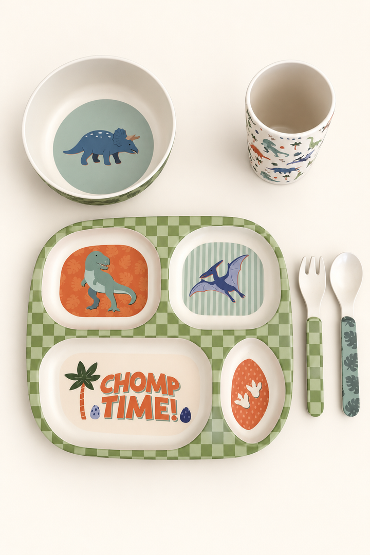 Caden Lane Chomp Time 5-piece feeding set: dinosaur divided plate with green check, bowl, cup, fork and spoon