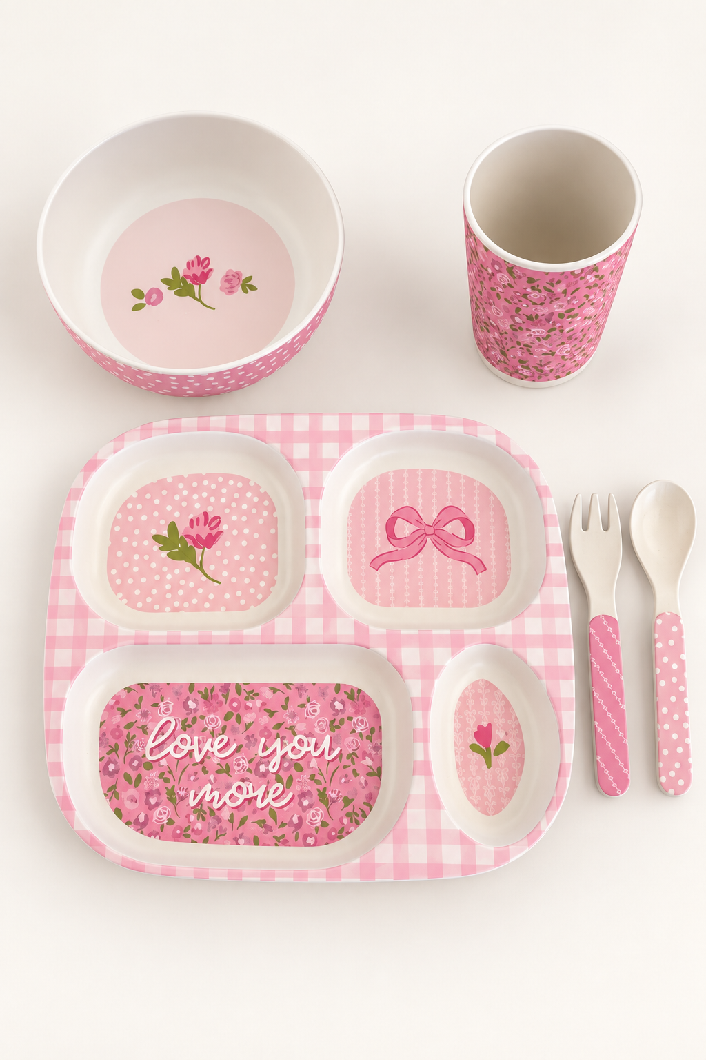 Caden Lane I Love You More 5-piece feeding set: pink gingham floral divided plate, bowl, cup, fork and spoon