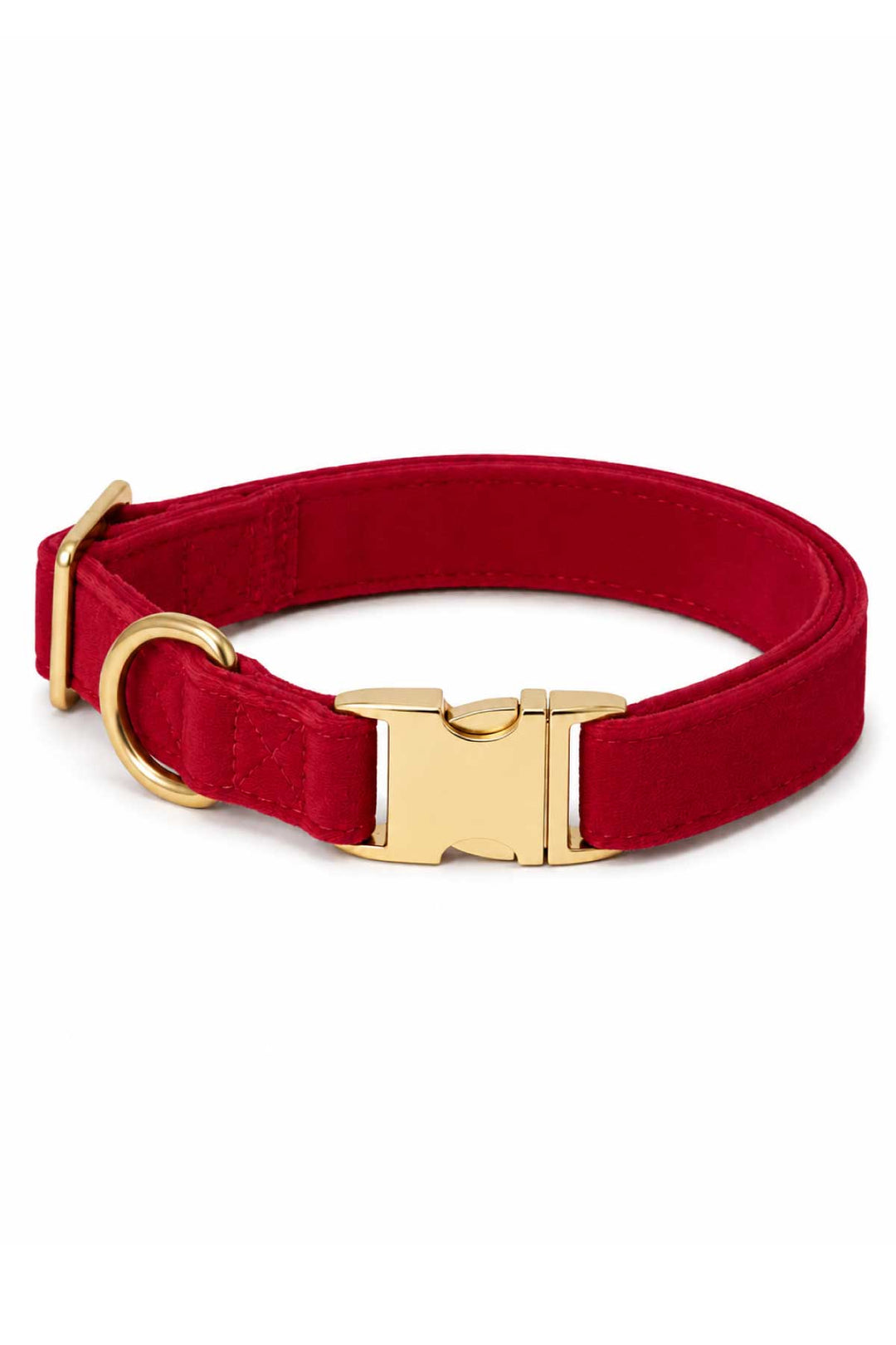 Lane & Leash Fire Hydrant dog collar in solid red velvet, featuring a gold buckle