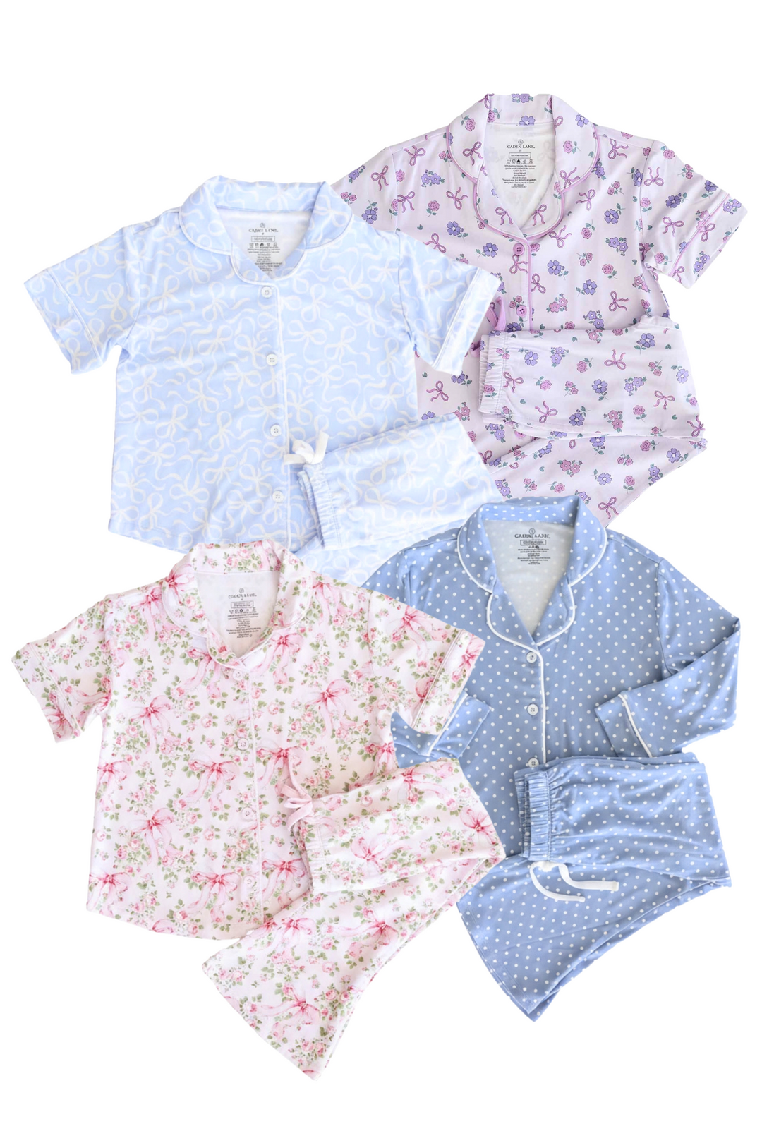 Group fla lay of the Caden Lane girl two piece flare sets. 