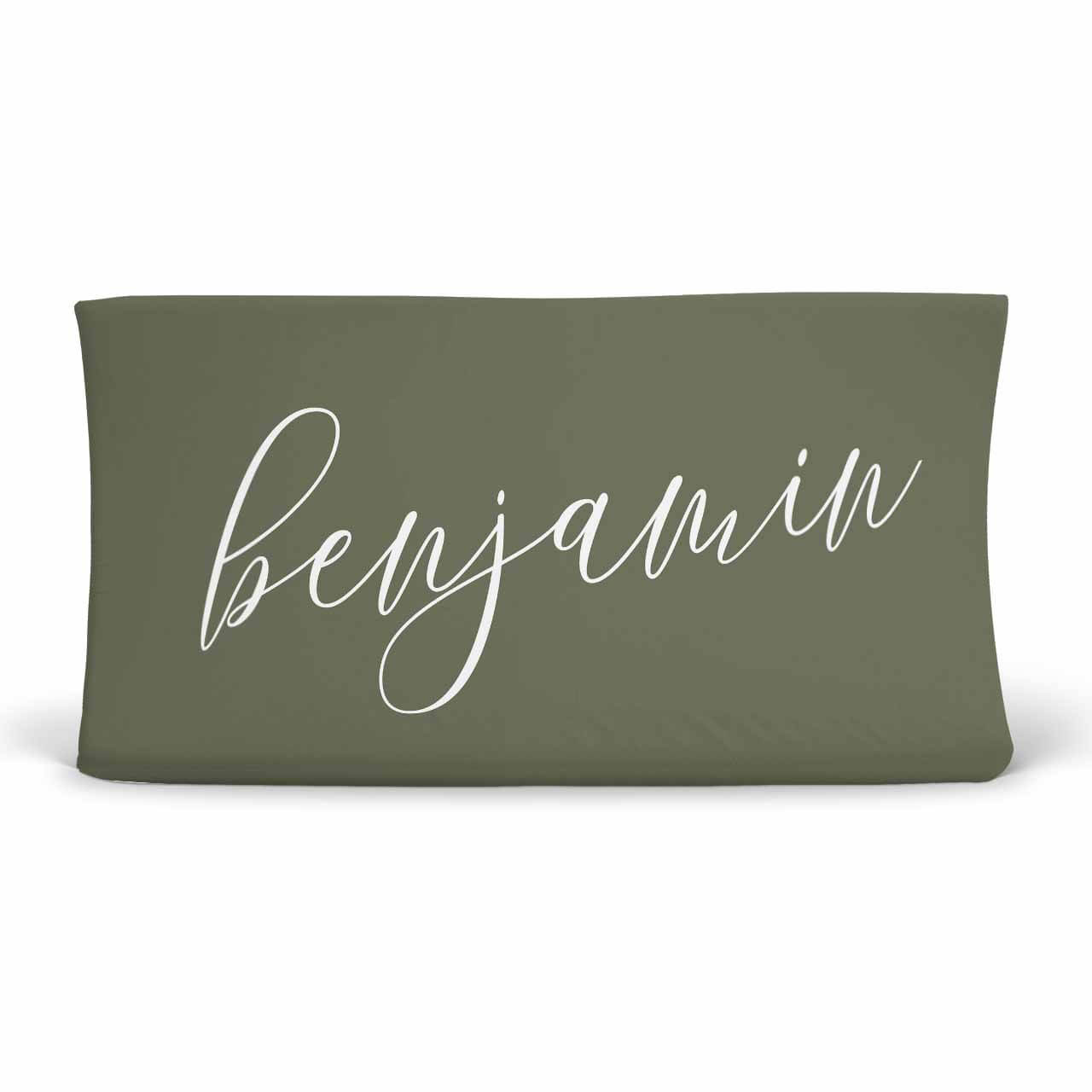 Personalized Olive Green Color Jersey Knit Changing Pad Cover in Script