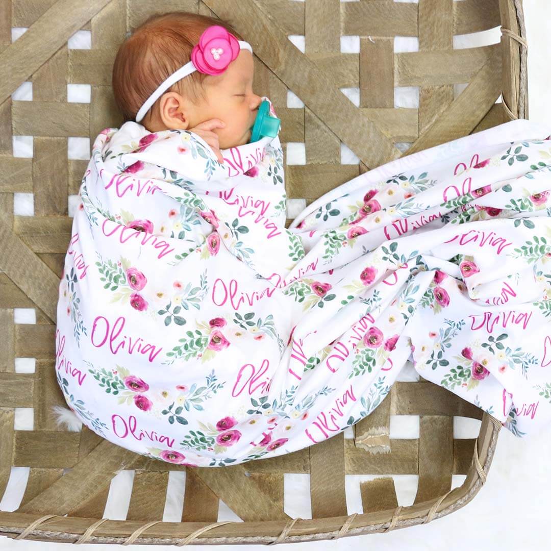blush and magenta personalized swaddle blanket 